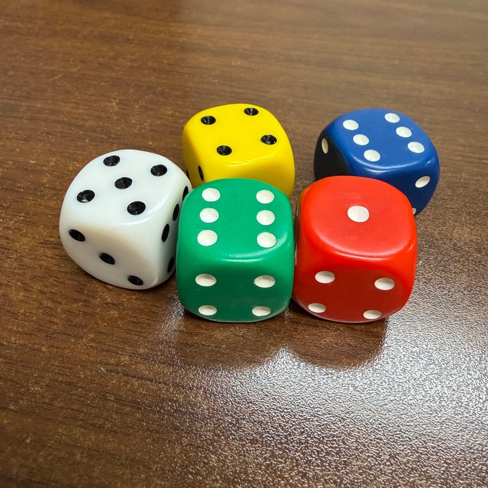 Jumbo 1 Inch Colorful Game Dice Set of 5 Red Blue Green Yellow White D6 Pips